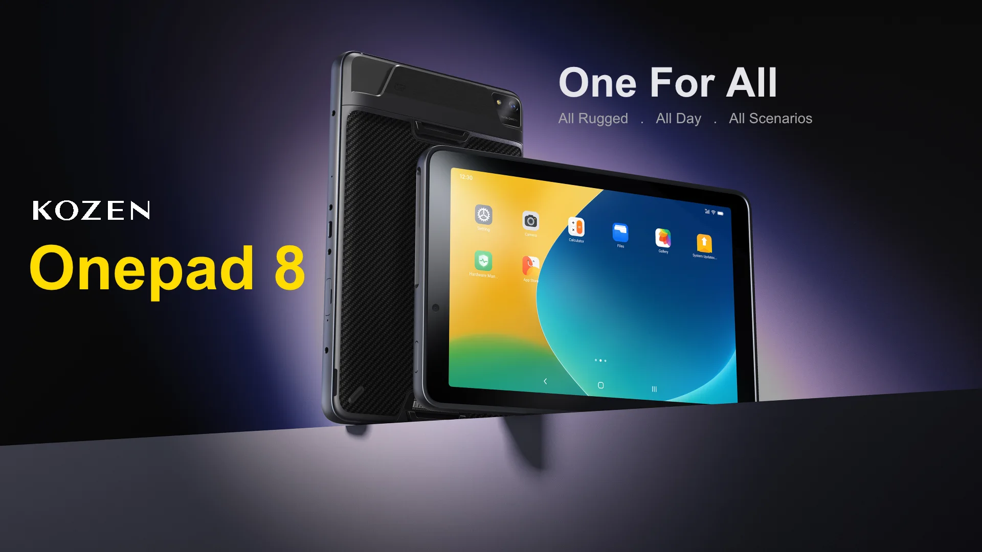 KOZEN Onepad8 Pay rugged commercial tablet, front and rear views
